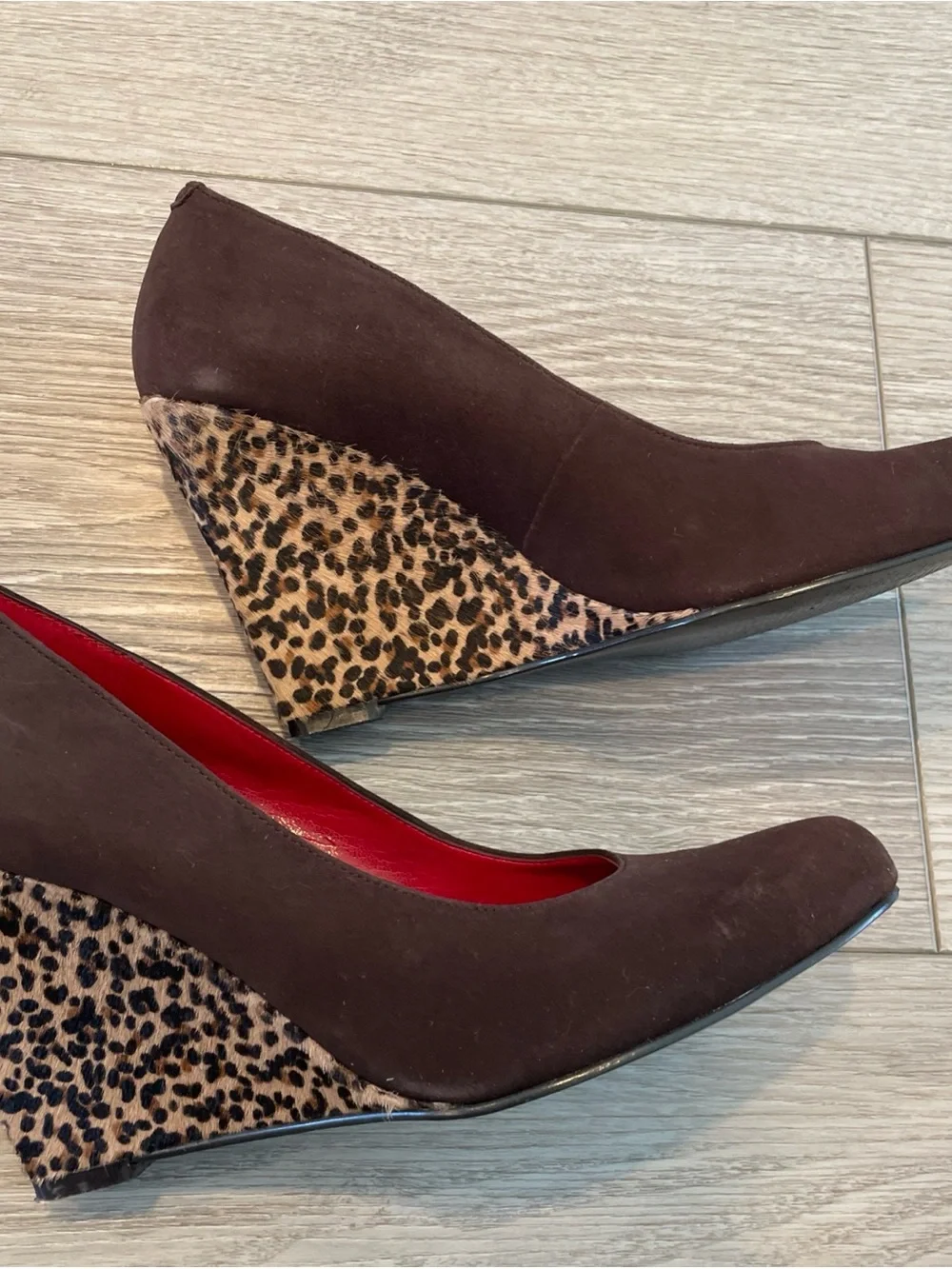 Nine West Brown Suede Wedges (6.5) with Leopard-Print Heel